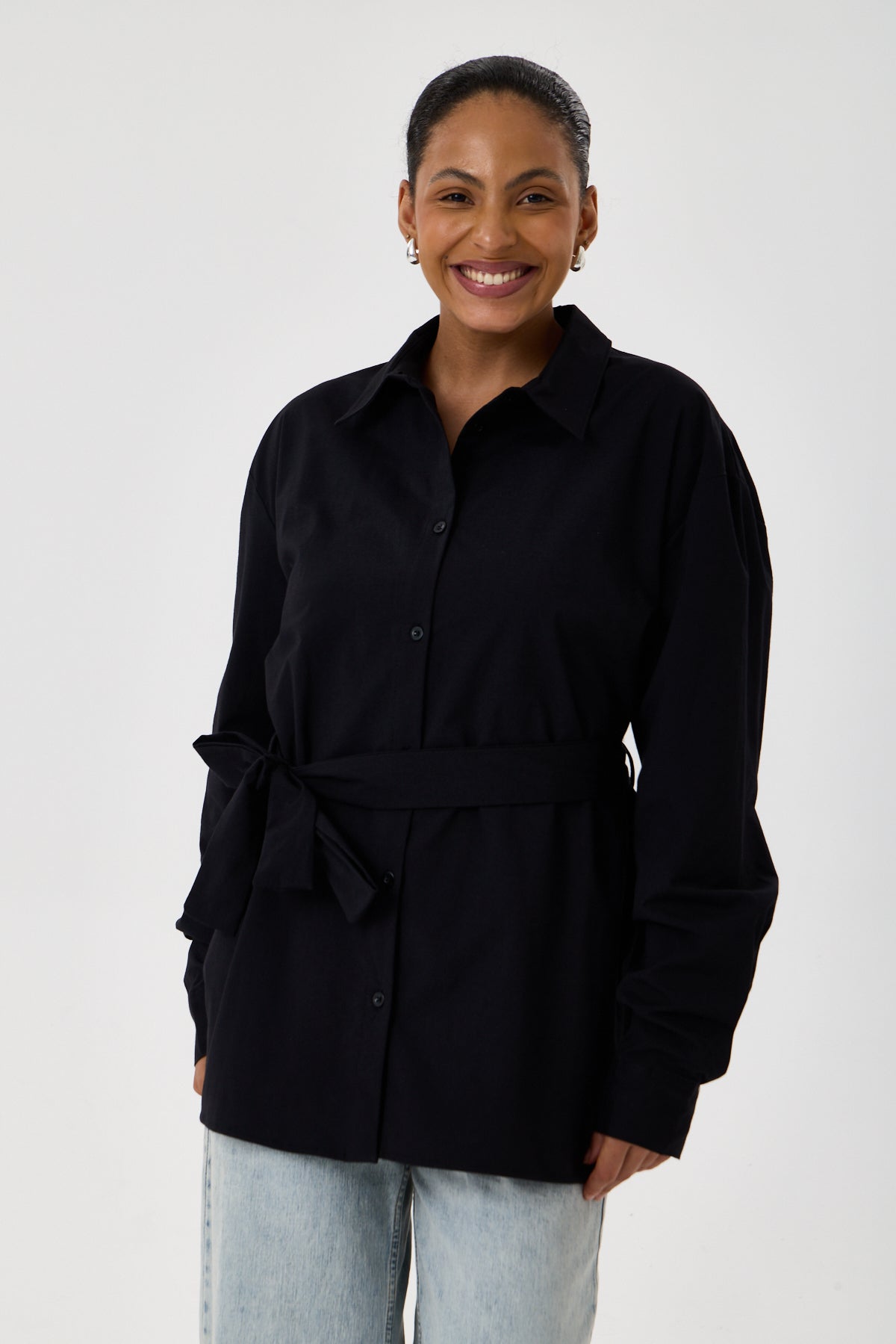 Kemerli Oversize Kimono Gömlek – Siyah