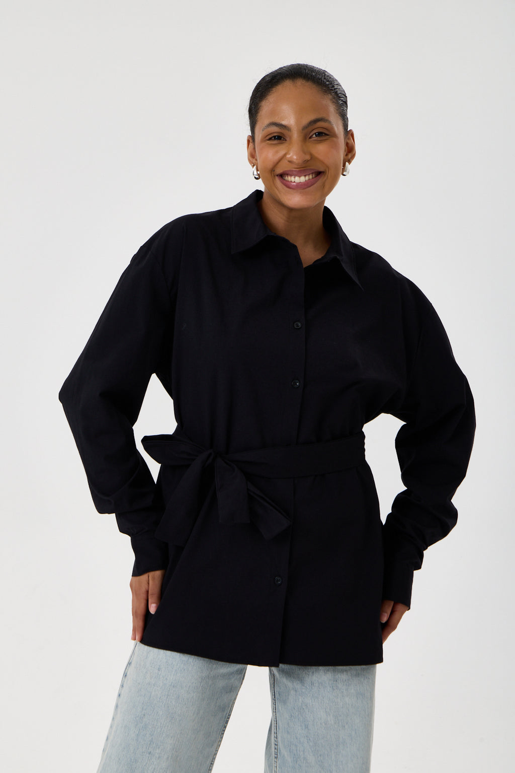 Kemerli Oversize Kimono Gömlek – Siyah