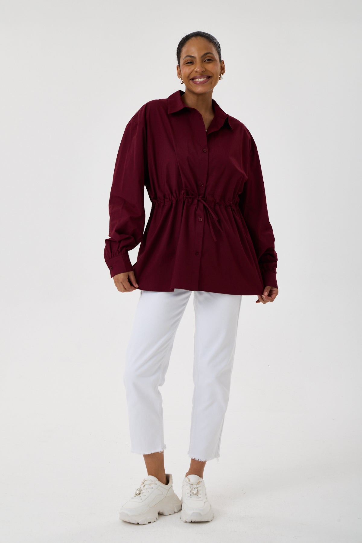 Beli Ayarlanabilir Büzgü Kemerli Kimono Gömlek – Bordo