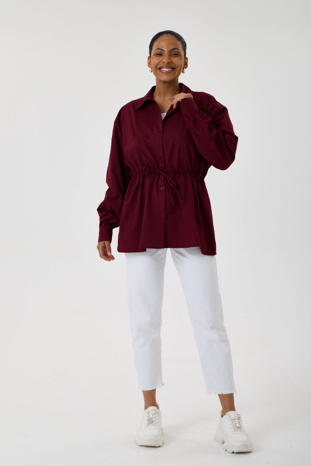 Beli Ayarlanabilir Büzgü Kemerli Kimono Gömlek – Bordo
