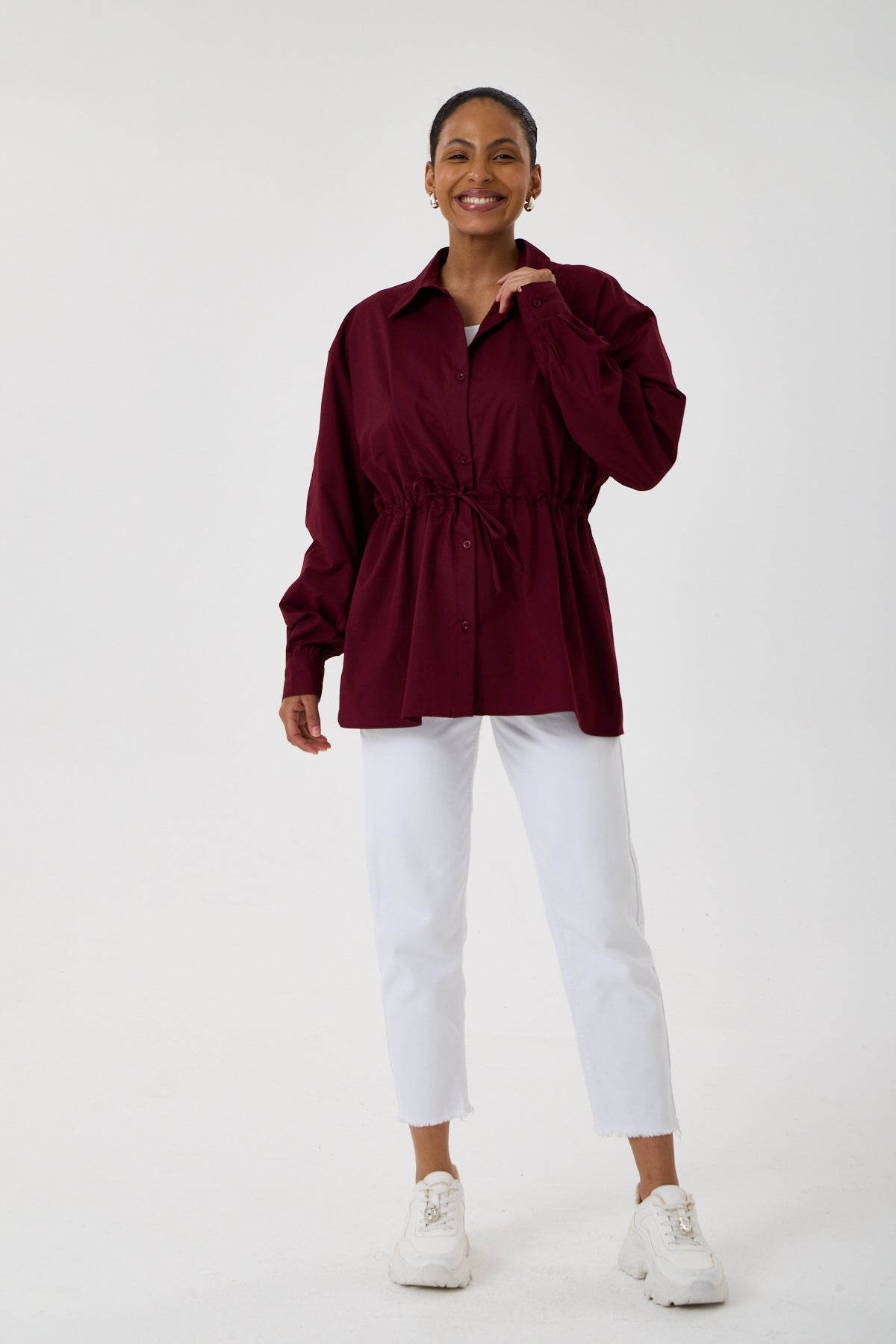 Beli Ayarlanabilir Büzgü Kemerli Kimono Gömlek – Bordo