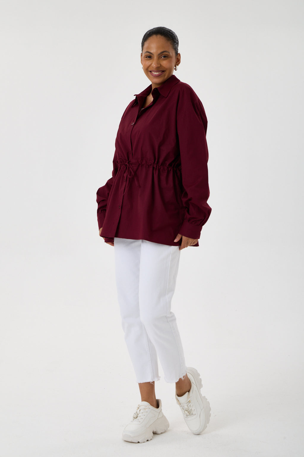 Beli Ayarlanabilir Büzgü Kemerli Kimono Gömlek – Bordo