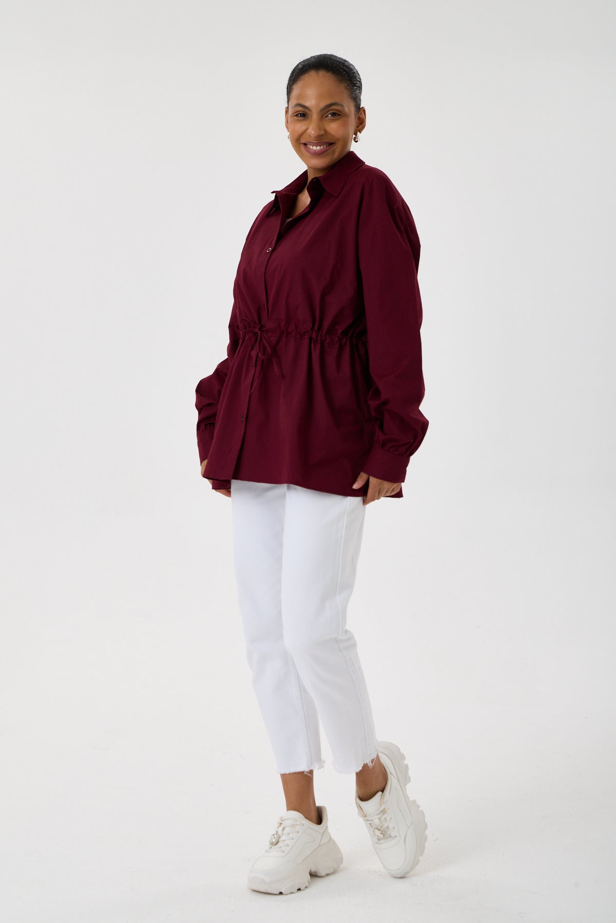 Beli Ayarlanabilir Büzgü Kemerli Kimono Gömlek – Bordo