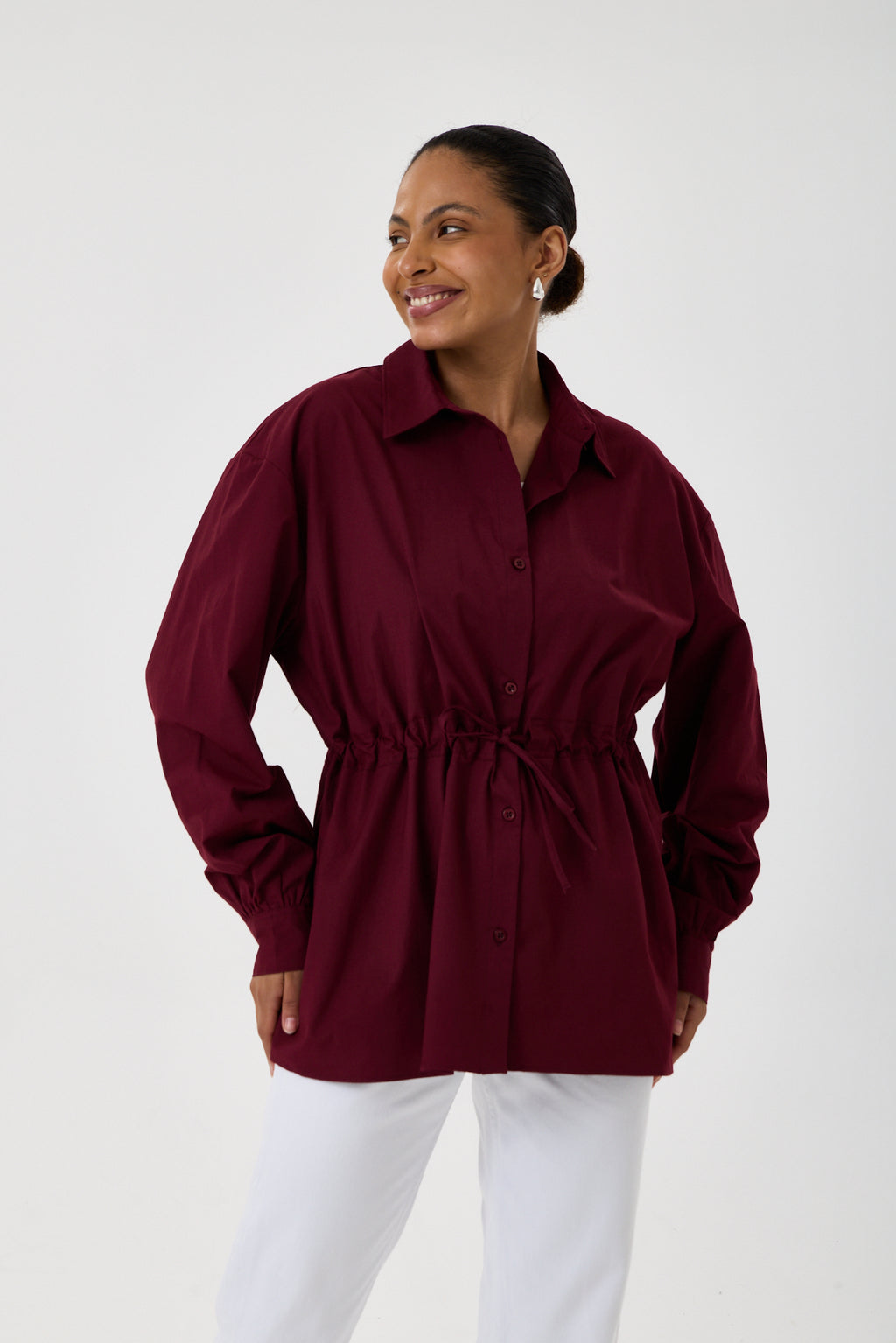 Beli Ayarlanabilir Büzgü Kemerli Kimono Gömlek – Bordo