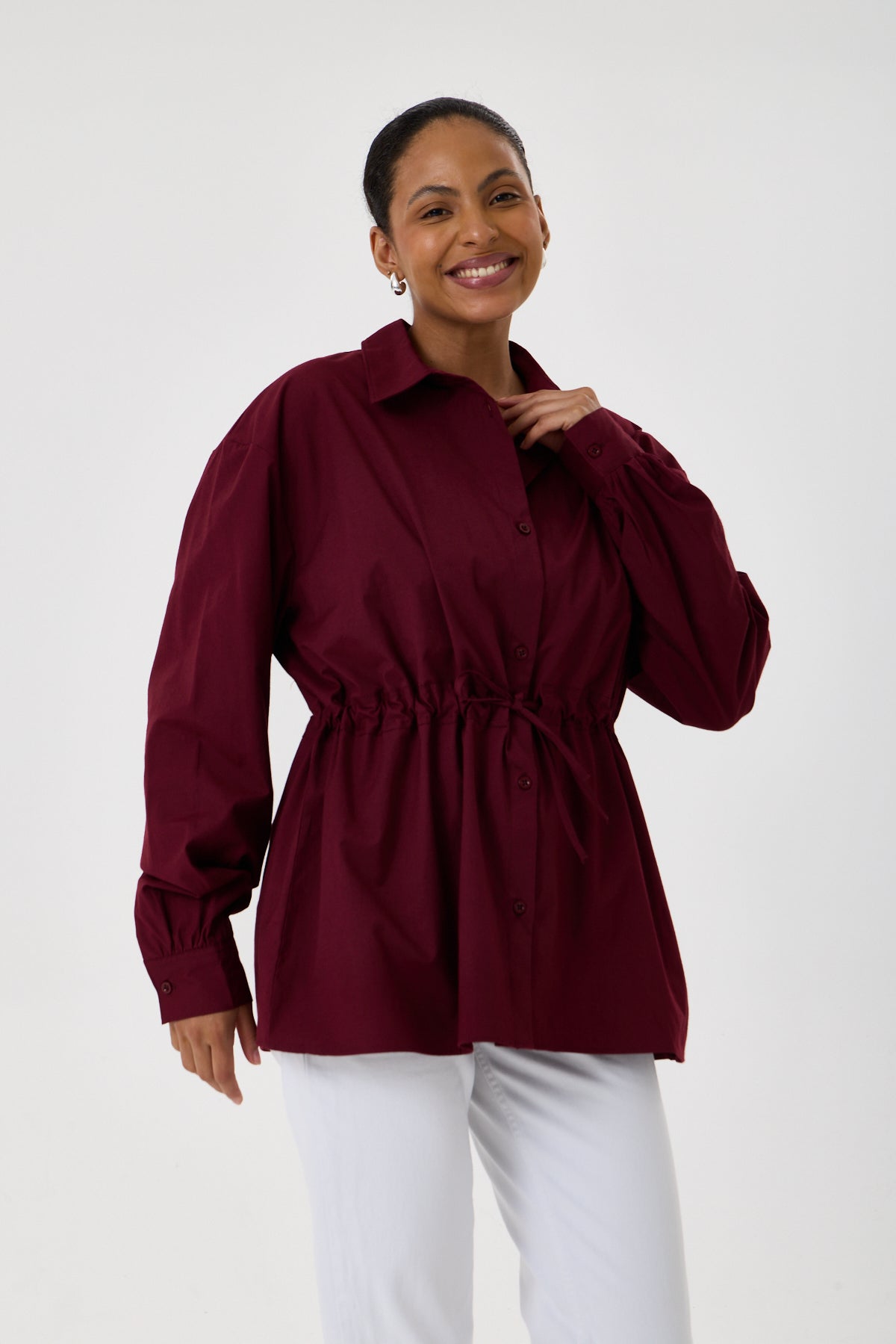 Beli Ayarlanabilir Büzgü Kemerli Kimono Gömlek – Bordo