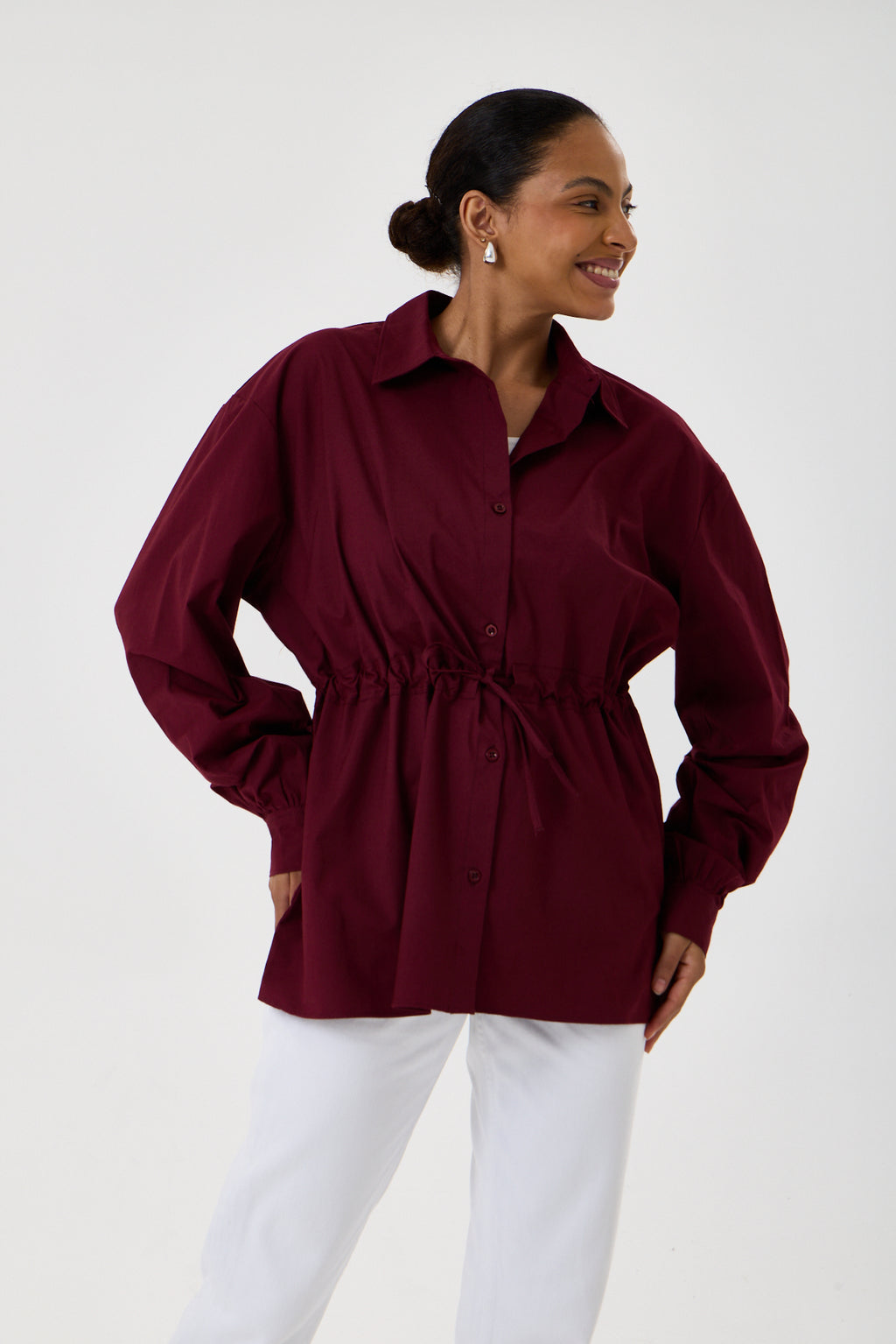 Beli Ayarlanabilir Büzgü Kemerli Kimono Gömlek – Bordo