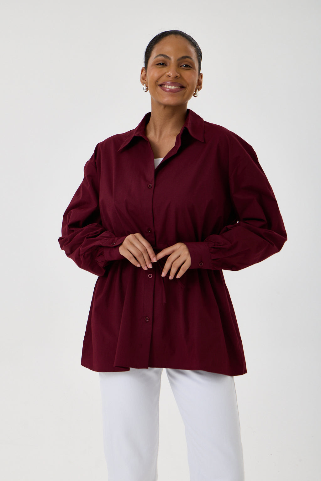 Beli Ayarlanabilir Büzgü Kemerli Kimono Gömlek – Bordo