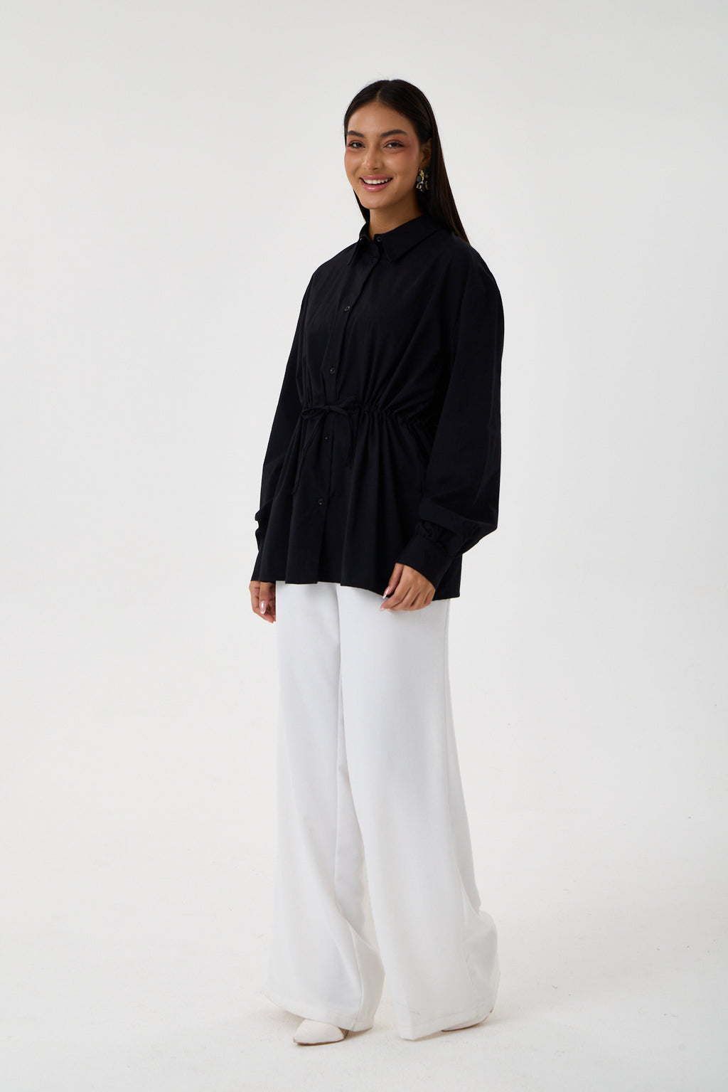 Beli Ayarlanabilir Büzgü Kemerli Kimono Gömlek – Siyah