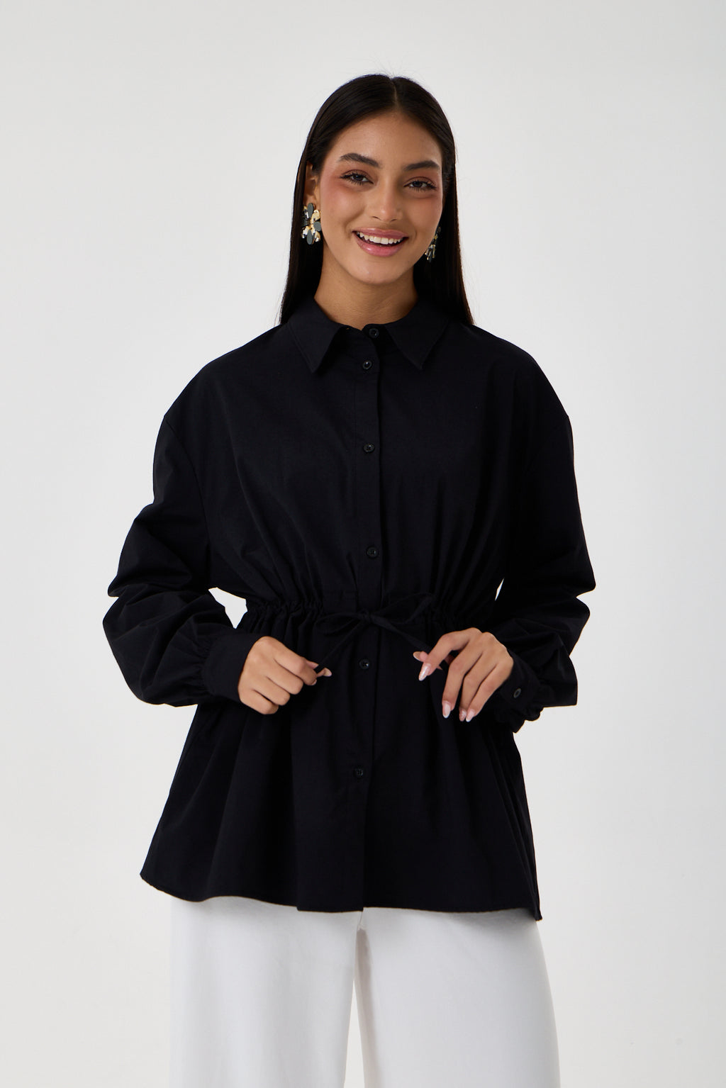 Beli Ayarlanabilir Büzgü Kemerli Kimono Gömlek – Siyah
