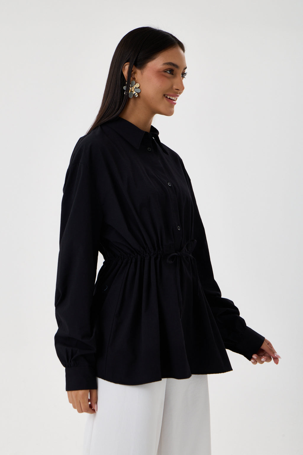 Beli Ayarlanabilir Büzgü Kemerli Kimono Gömlek – Siyah