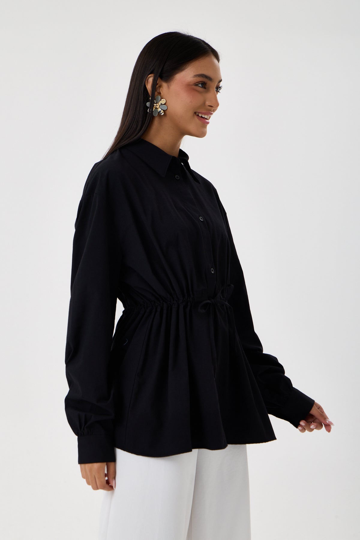 Beli Ayarlanabilir Büzgü Kemerli Kimono Gömlek – Siyah