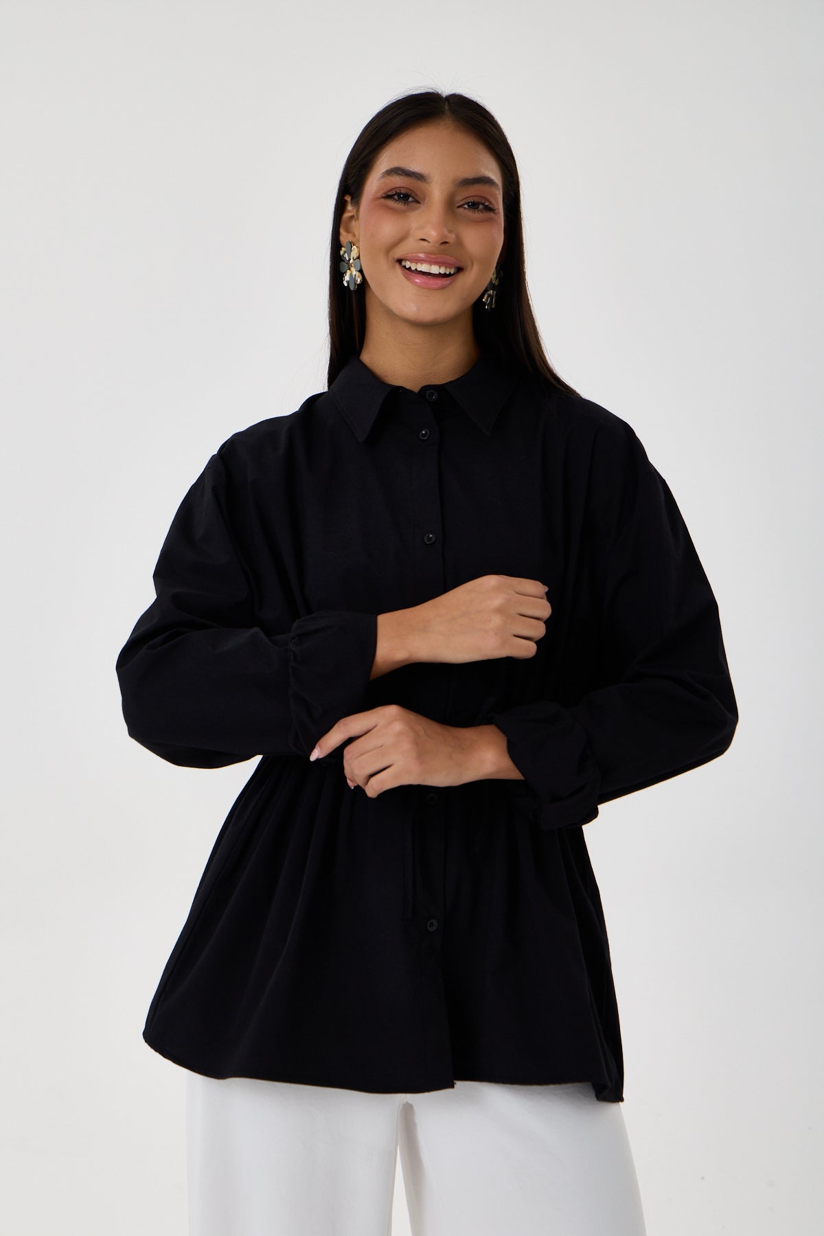 Beli Ayarlanabilir Büzgü Kemerli Kimono Gömlek – Siyah