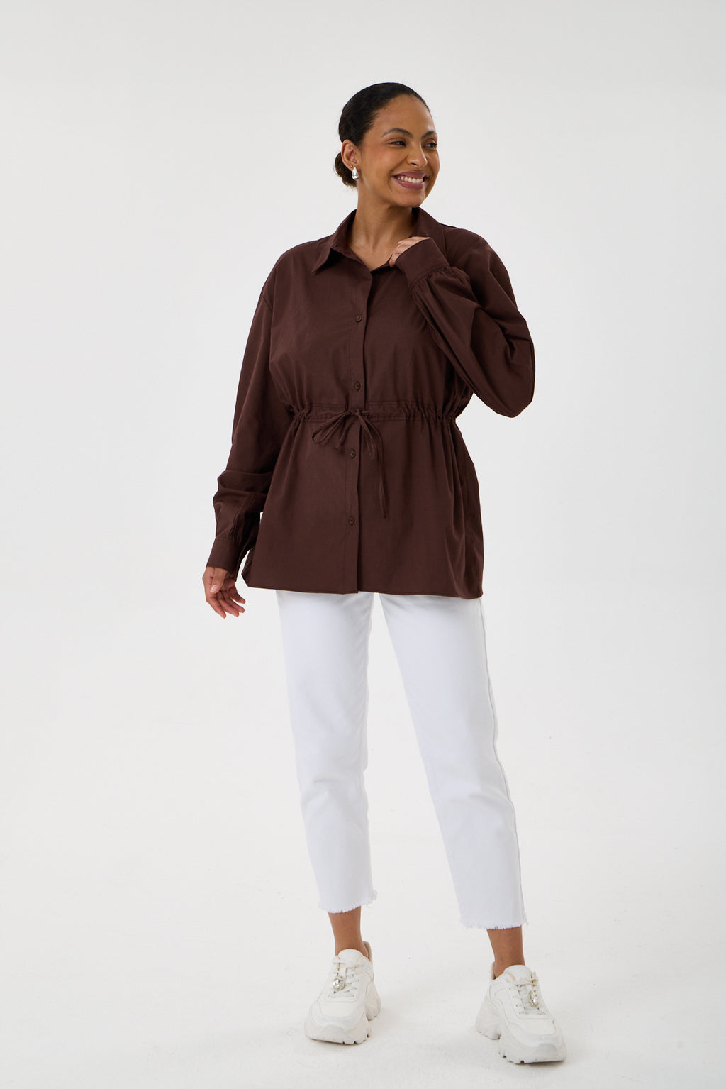 Beli Ayarlanabilir Büzgü Kemerli Kimono Gömlek – Kahve