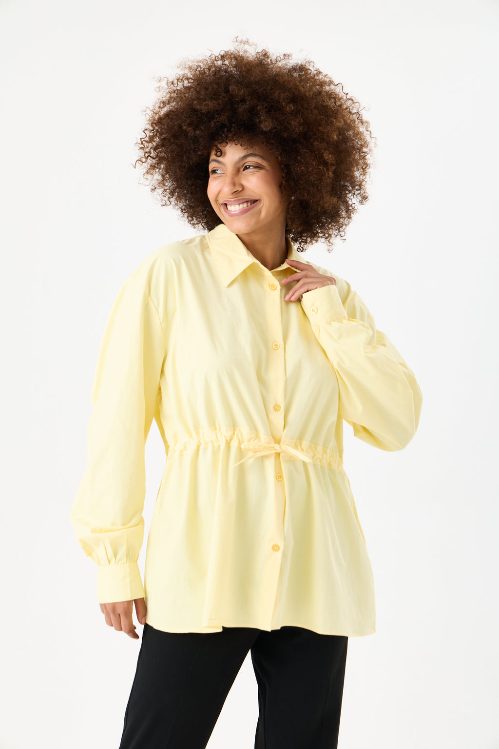 Beli Ayarlanabilir Büzgü Kemerli Kimono Gömlek – Sarı
