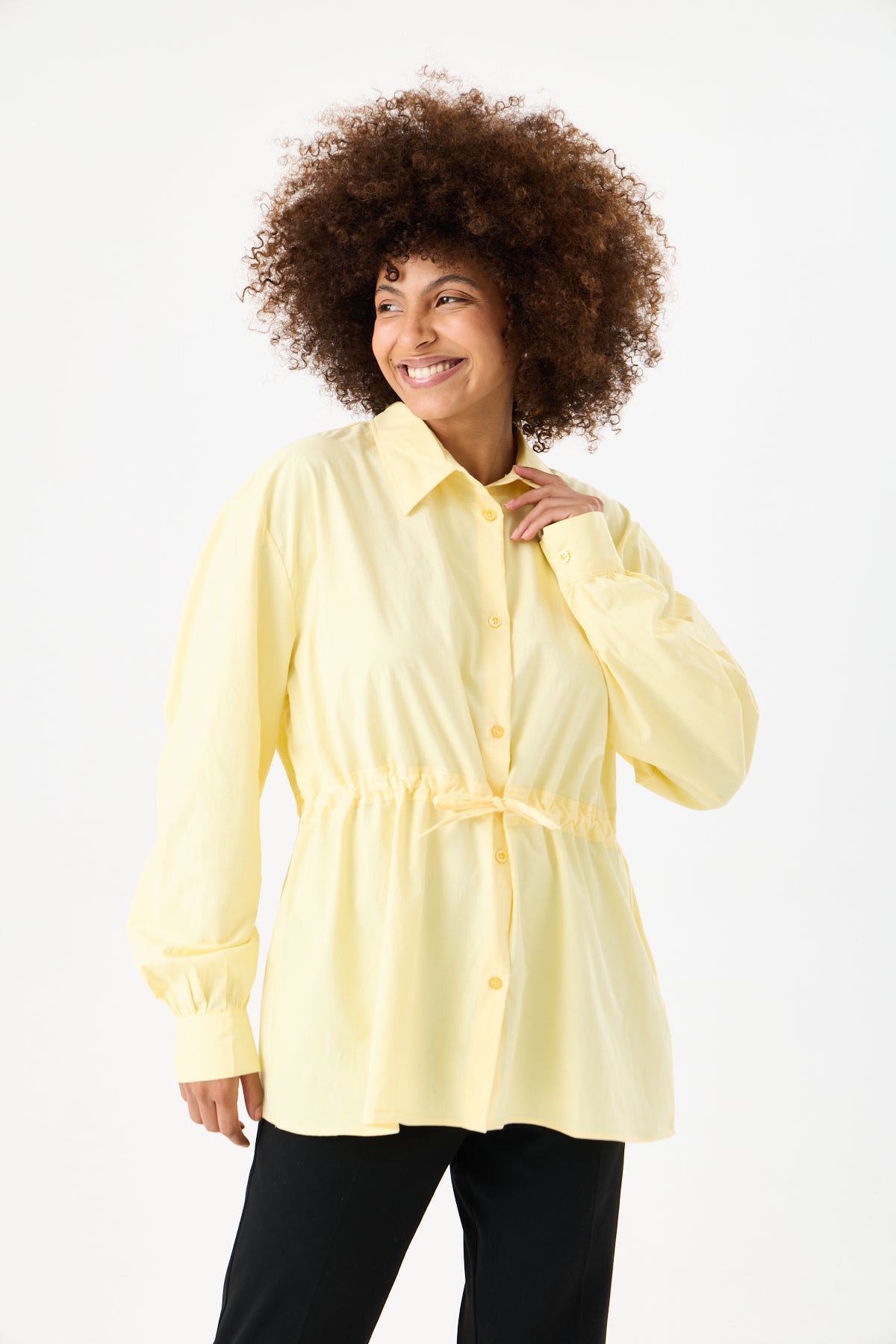 Beli Ayarlanabilir Büzgü Kemerli Kimono Gömlek – Sarı