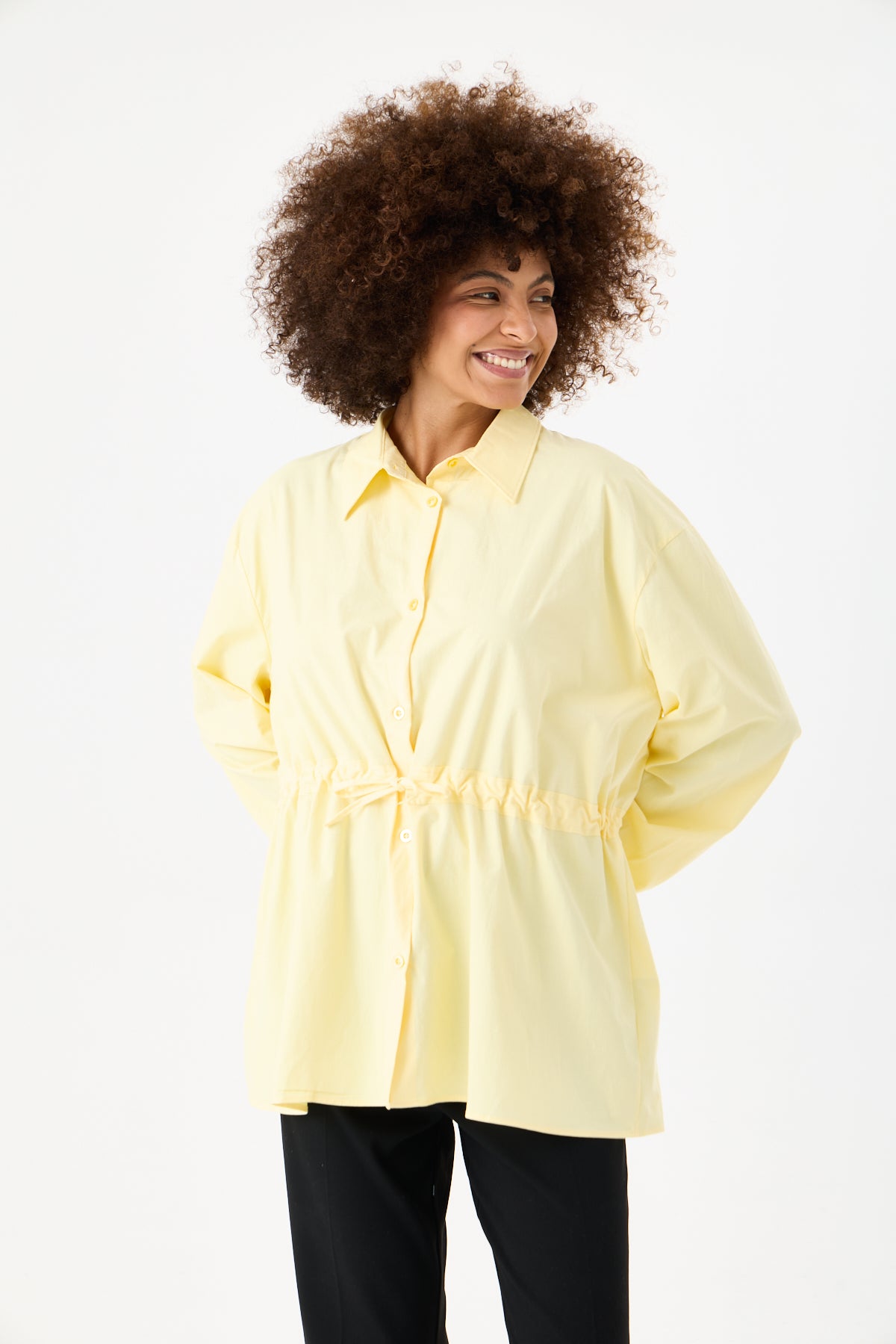 Beli Ayarlanabilir Büzgü Kemerli Kimono Gömlek – Sarı