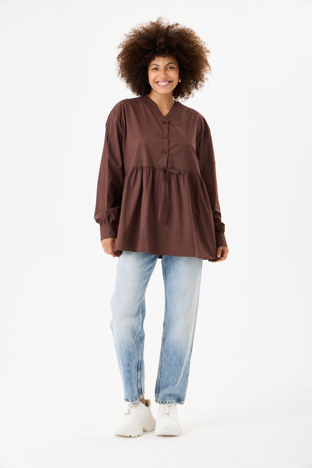 Beli Büzgü Detaylı Oversize Gömlek – Kahve