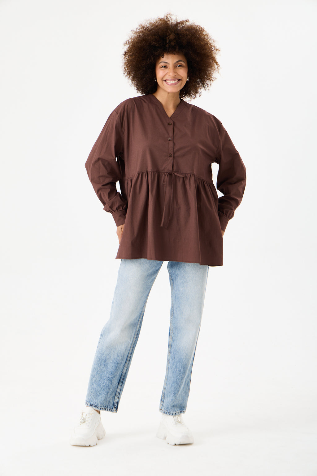 Beli Büzgü Detaylı Oversize Gömlek – Kahve
