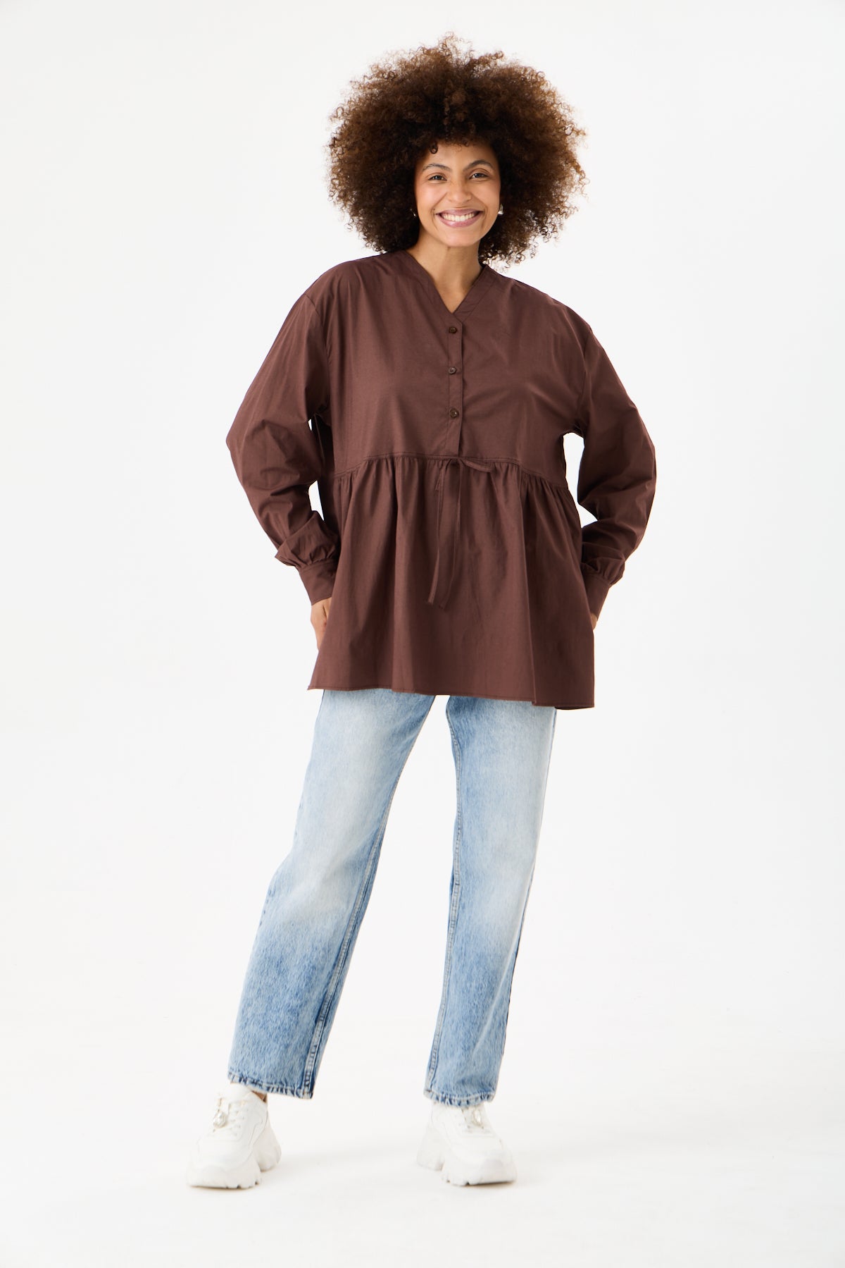 Beli Büzgü Detaylı Oversize Gömlek – Kahve