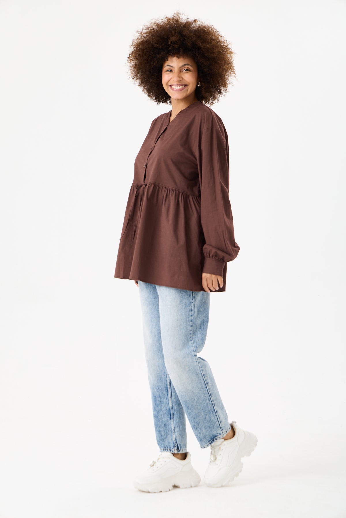 Beli Büzgü Detaylı Oversize Gömlek – Kahve