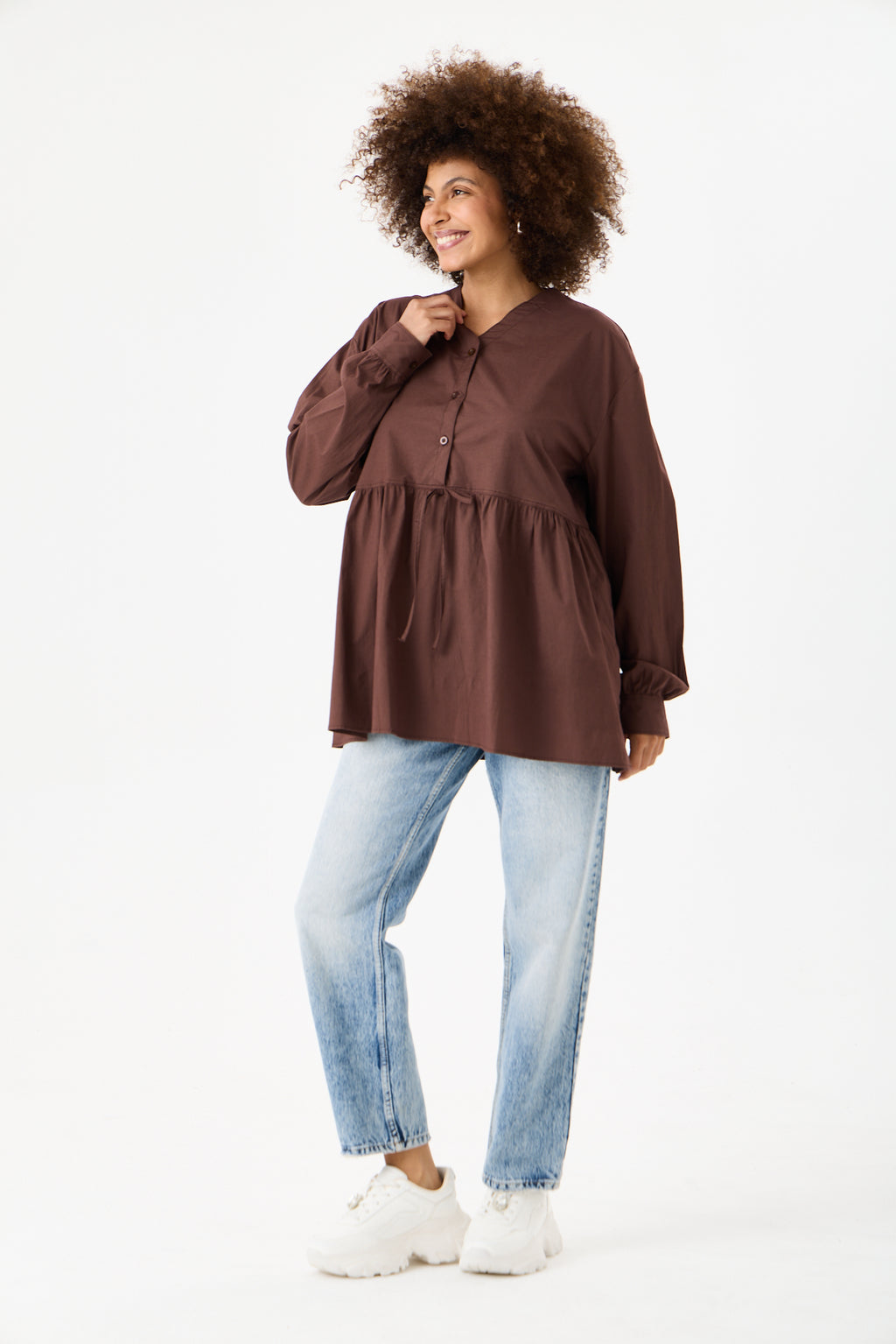 Beli Büzgü Detaylı Oversize Gömlek – Kahve