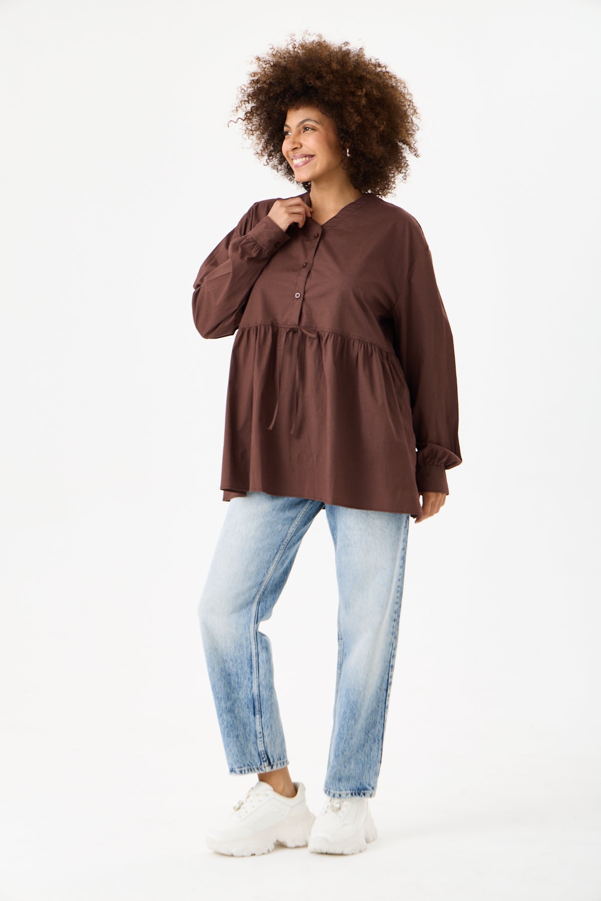 Beli Büzgü Detaylı Oversize Gömlek – Kahve