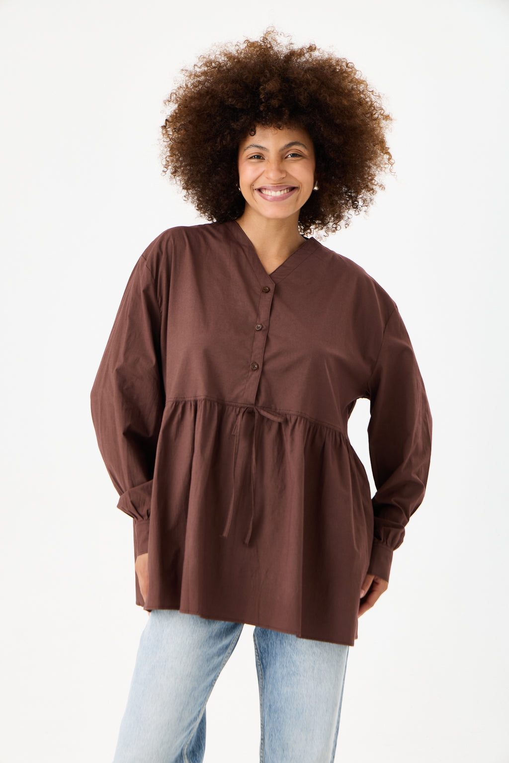 Beli Büzgü Detaylı Oversize Gömlek – Kahve