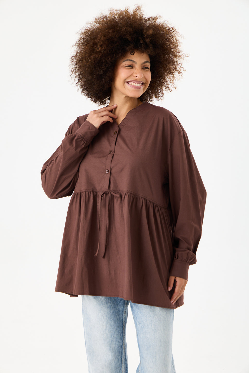 Beli Büzgü Detaylı Oversize Gömlek – Kahve