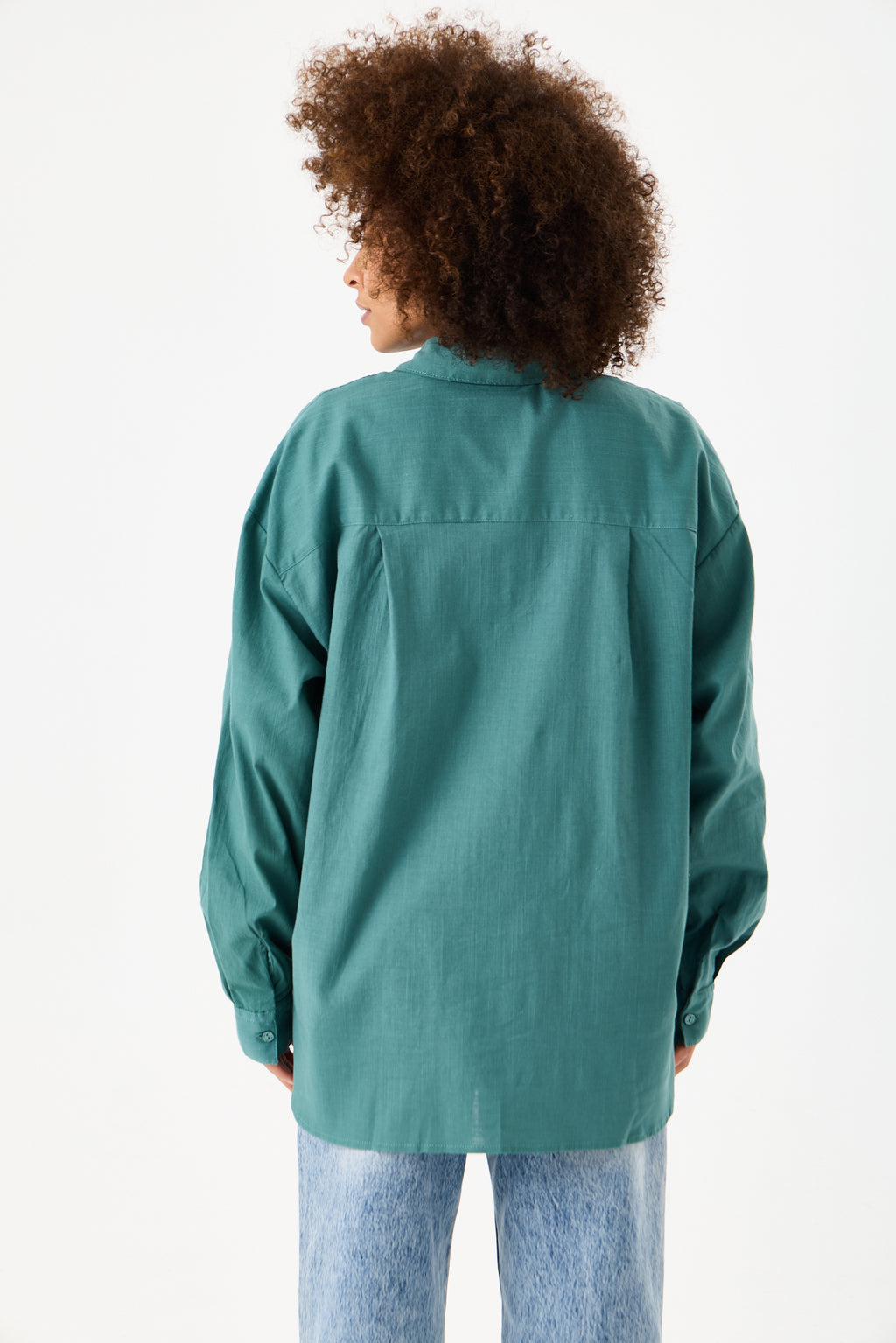 Arka Körük Detaylı Robalı Oversize Keten Gömlek – Turkuaz Yeşil